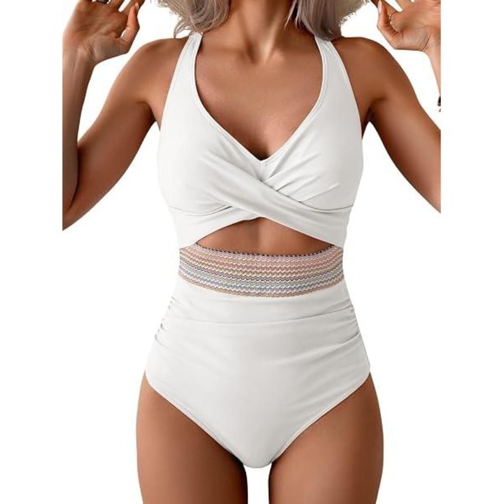 B2PRITY Women White Tummy Control One Piece Swimsuit Cutout Smocked 2XL New